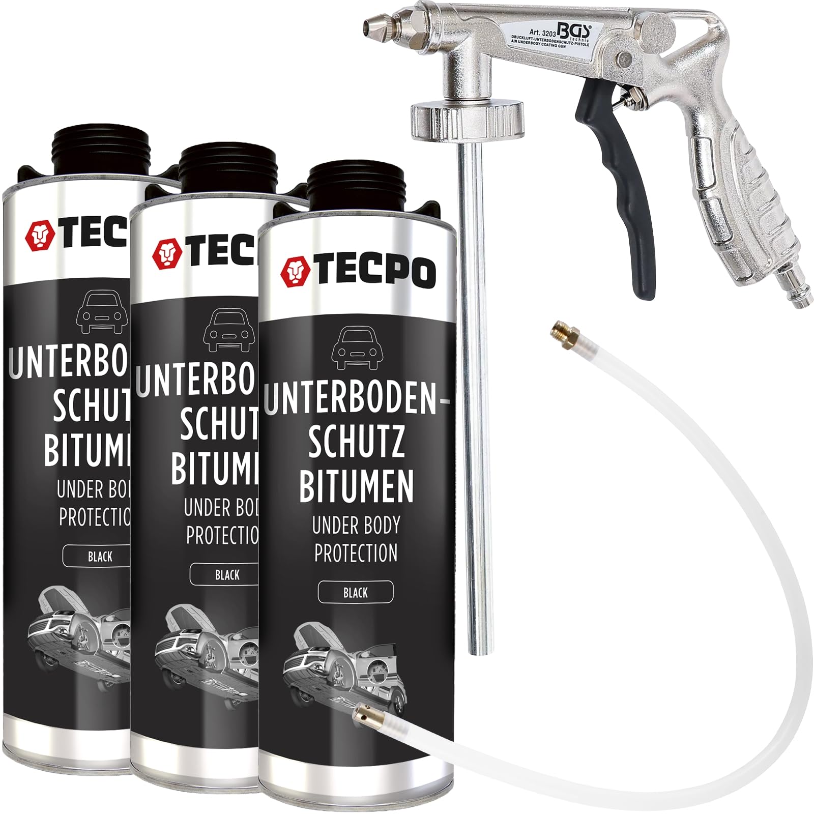 TECPO Bitumen Unterbodenschutz, 3 Liter Steinschlagschutz schwarz + Druckluft-Sprühpistole von TECPO