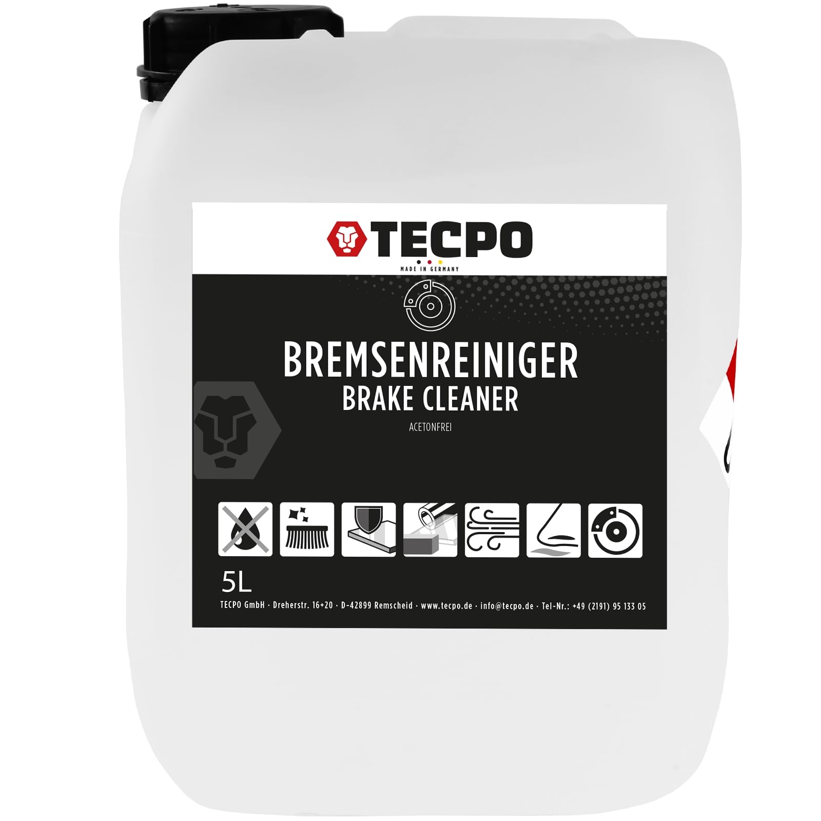 TECPO Bremsenreiniger, 5 Liter Kanister Brake Cleaner Entfetter Teilereiniger Montagereiniger Fettlöser - Zum Entfernen von Öle, Fette, Bremsabtreib und Schmutz (1x 5l) von TECPO