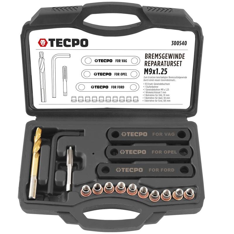 TECPO Bremsgewinde Reparatur Set, 16-TLG. M9 x 1,25 Gewindebohrer mit Gewindebuchsen Führungsbolzen Gewindereparatur Werkzeug Gewindehülse von TECPO