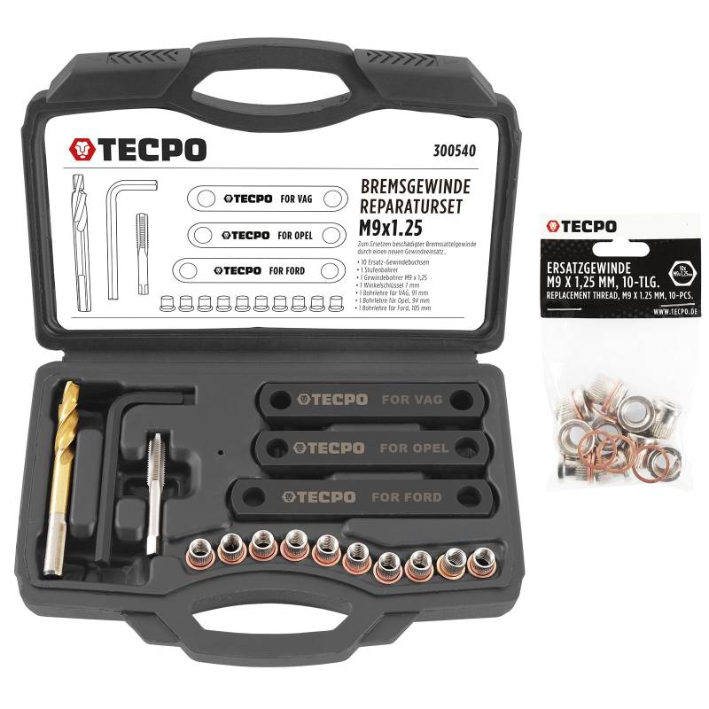 TECPO Bremsgewinde Reparatur Set, 16-TLG. M9 x 1,25 mit Ersatzgewinde, Gewindebohrer mit Gewindebuchsen Führungsbolzen Gewindereparatur Werkzeug Gewindehülse von TECPO