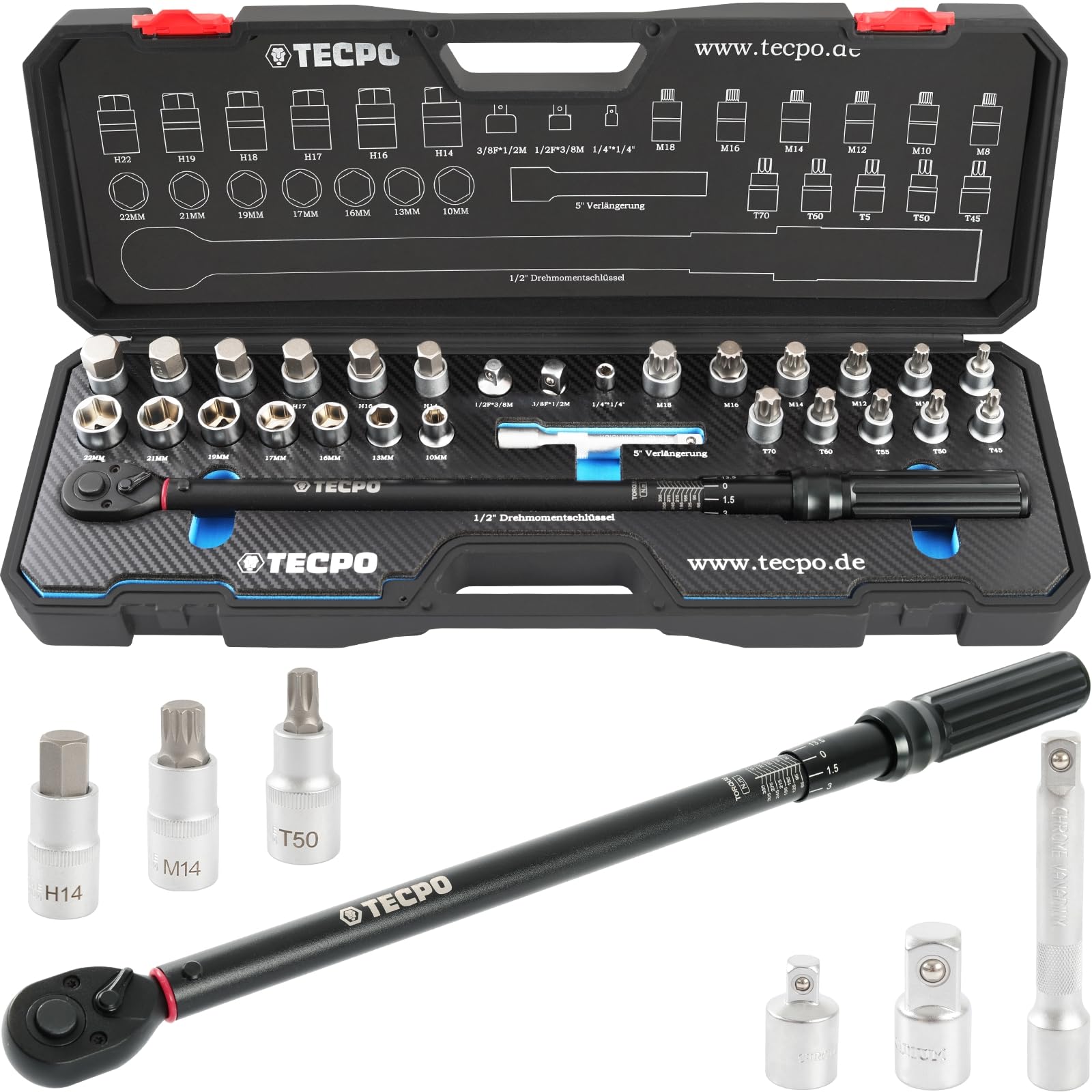 TECPO Drehmomentschlüssel Set 1/2" Zoll, 50-350 Nm, 72 Zähne Mechanik, kalibriert, hohe Präzision von ±3%, im Systemkoffer, Schlüssel Bit Verlängerung Nuss für Reifen, Montage, Auto, Motorrad, LKW von TECPO