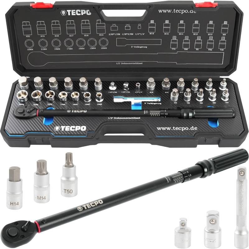 TECPO Drehmomentschlüssel Set 1/2" Zoll, 50-350 Nm, 72 Zähne Mechanik, kalibriert, hohe Präzision von ±3%, im Systemkoffer, Schlüssel Bit Verlängerung Nuss für Reifen, Montage, Auto, Motorrad, LKW von TECPO