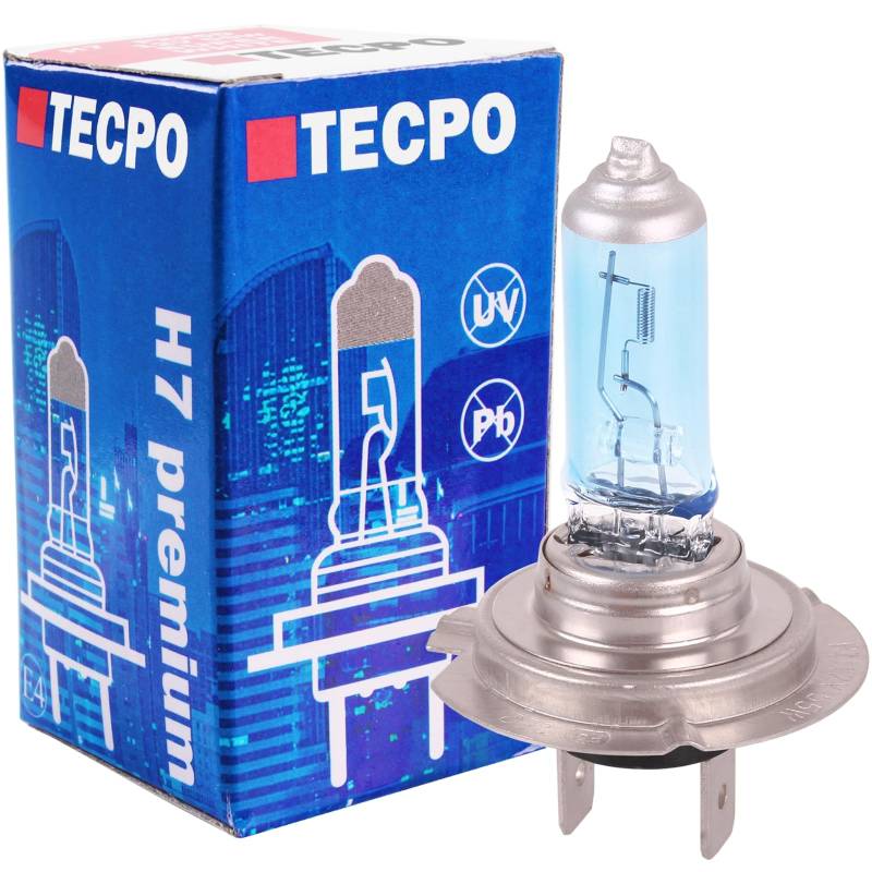 TECPO H7 Halogen Scheinwerferlampe mit Xenon Gasfüllung, blau weiß, Original 12V 55W Glühlampe, PX26d Sockel Auto Lampe Birne Kugellampe von TECPO