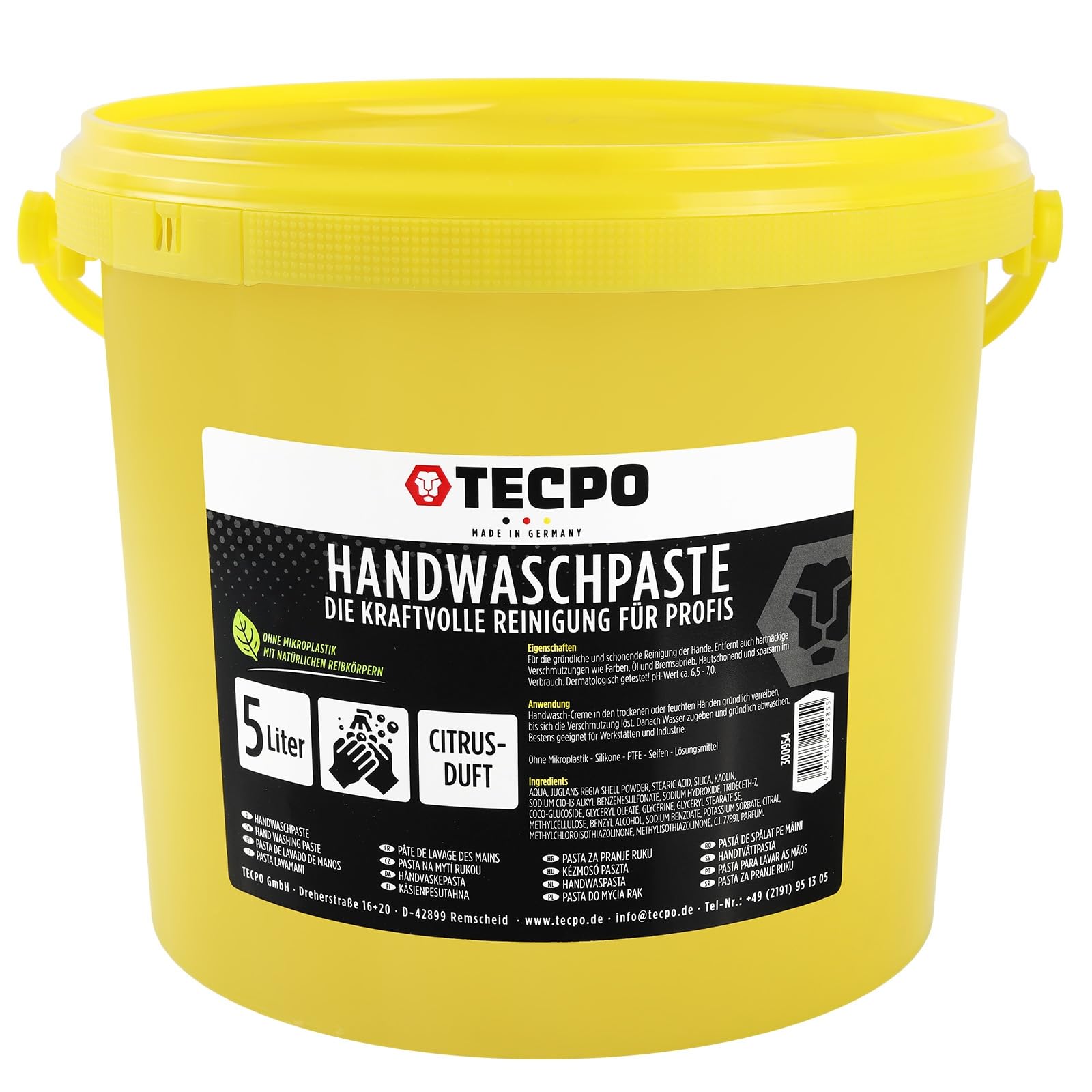 TECPO Handwaschpaste, 5 Liter - Profi Handreiniger gegen Starke hartnäckige Verschmutzungen wie Öl, Fett, Ruß, Farbe -Waschpaste, Seife, Werkstatt, KFZ, Pflege und Reinigung von TECPO