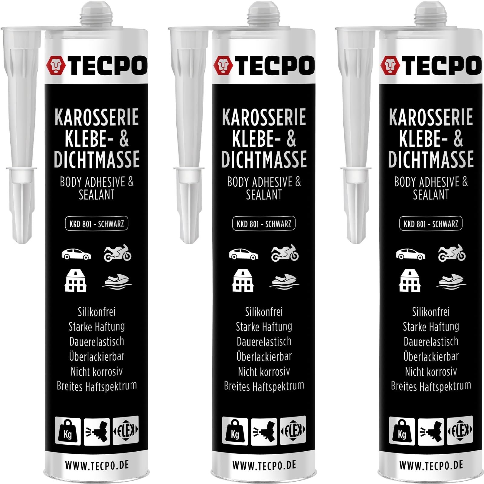 TECPO Karosserie- und Dichtmasse, 3X 370g Klebstoff Dichtmittel silikonfrei, dauerelastisch, überlackierbar, Starke Haftung, Nicht korrosiv von TECPO