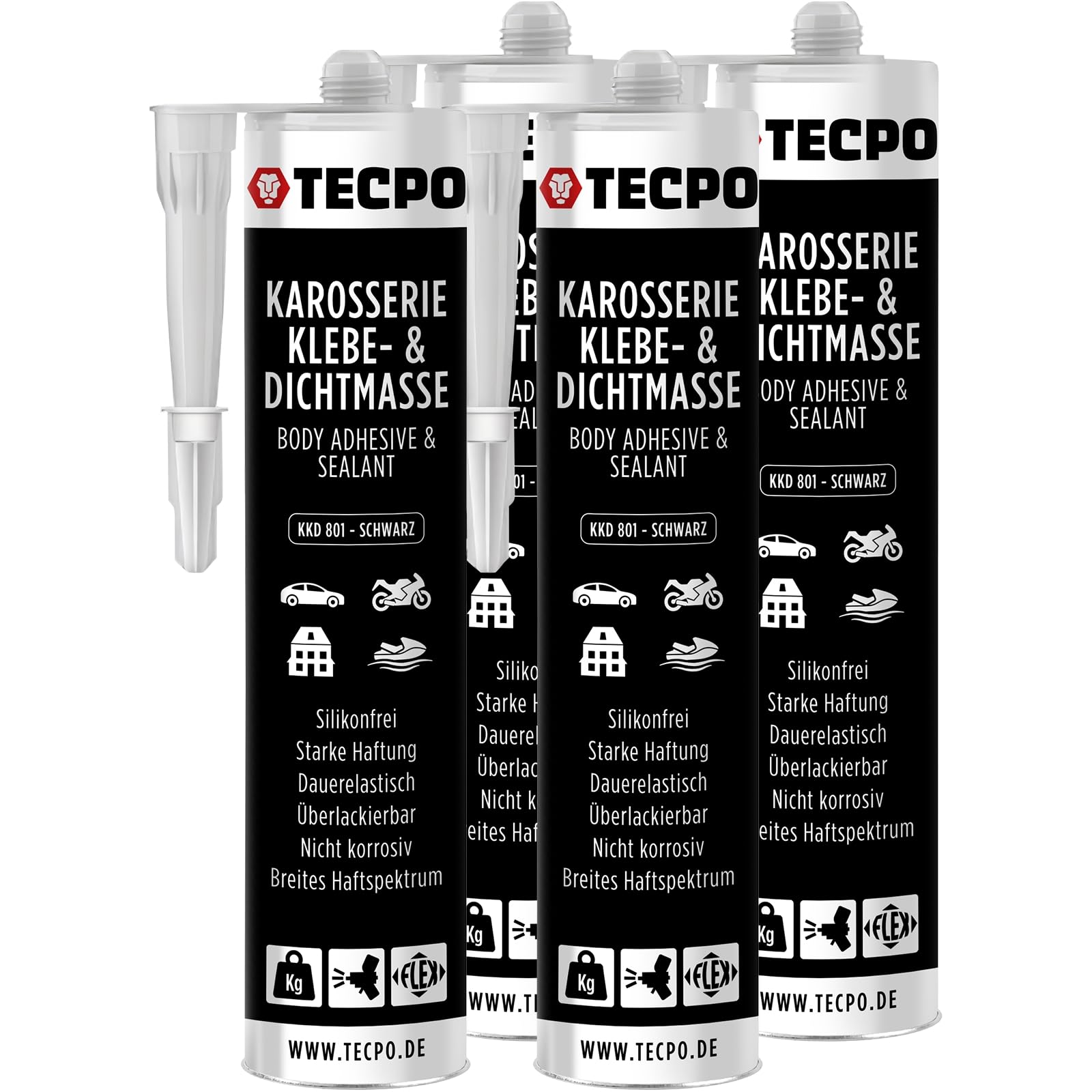 TECPO Karosserie- und Dichtmasse, 4X 370g Klebstoff Dichtmittel silikonfrei, dauerelastisch, überlackierbar, Starke Haftung, Nicht korrosiv von TECPO