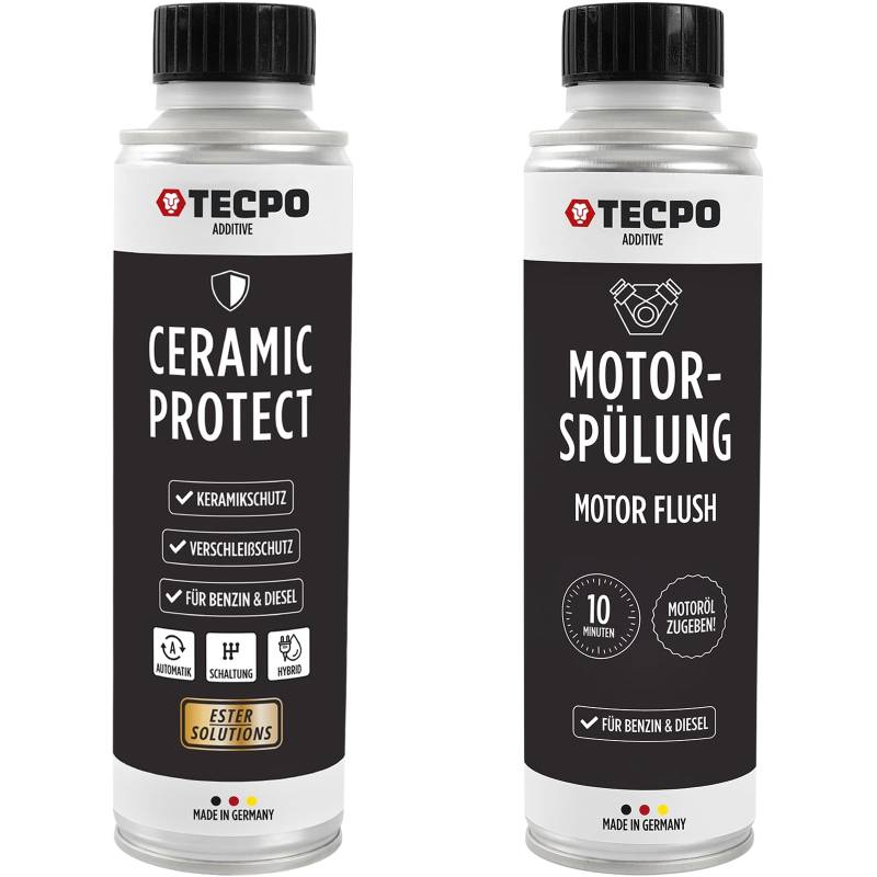 TECPO Keramik Protect ESTER Additiv 300ml + Motorspülung Motor Flush 300ml - Hochleistungsadditive für optimalen Motor- und Getriebeschutz, Reibungsreduzierung, Verschleißschutz & effektive Reinigung von TECPO