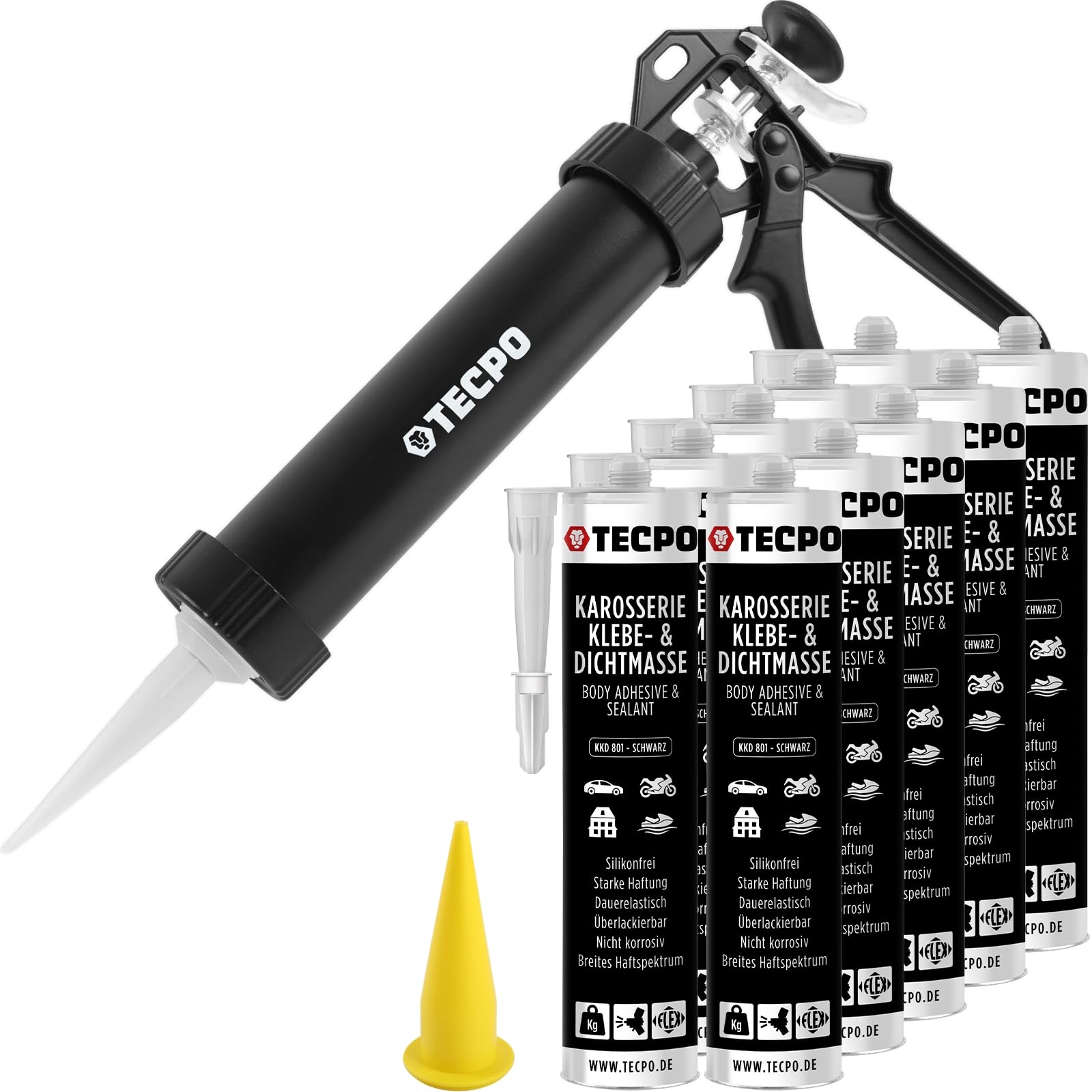 TECPO Klebe- und Dichtmasse, 10x 370g schwarz Karosseriekleber mit Aluminium Kartuschenpresse von TECPO