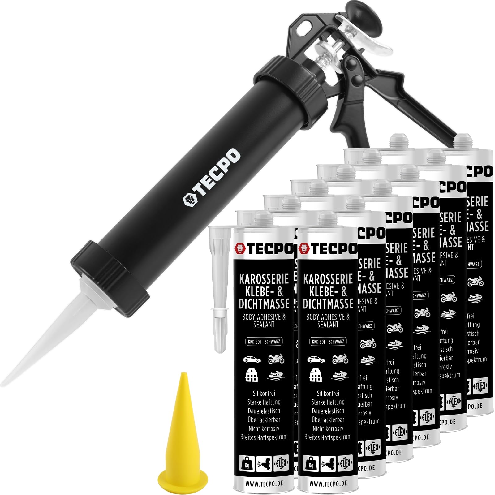 TECPO Klebe- und Dichtmasse, 12x 370g schwarz Karosseriekleber mit Aluminium Kartuschenpresse von TECPO