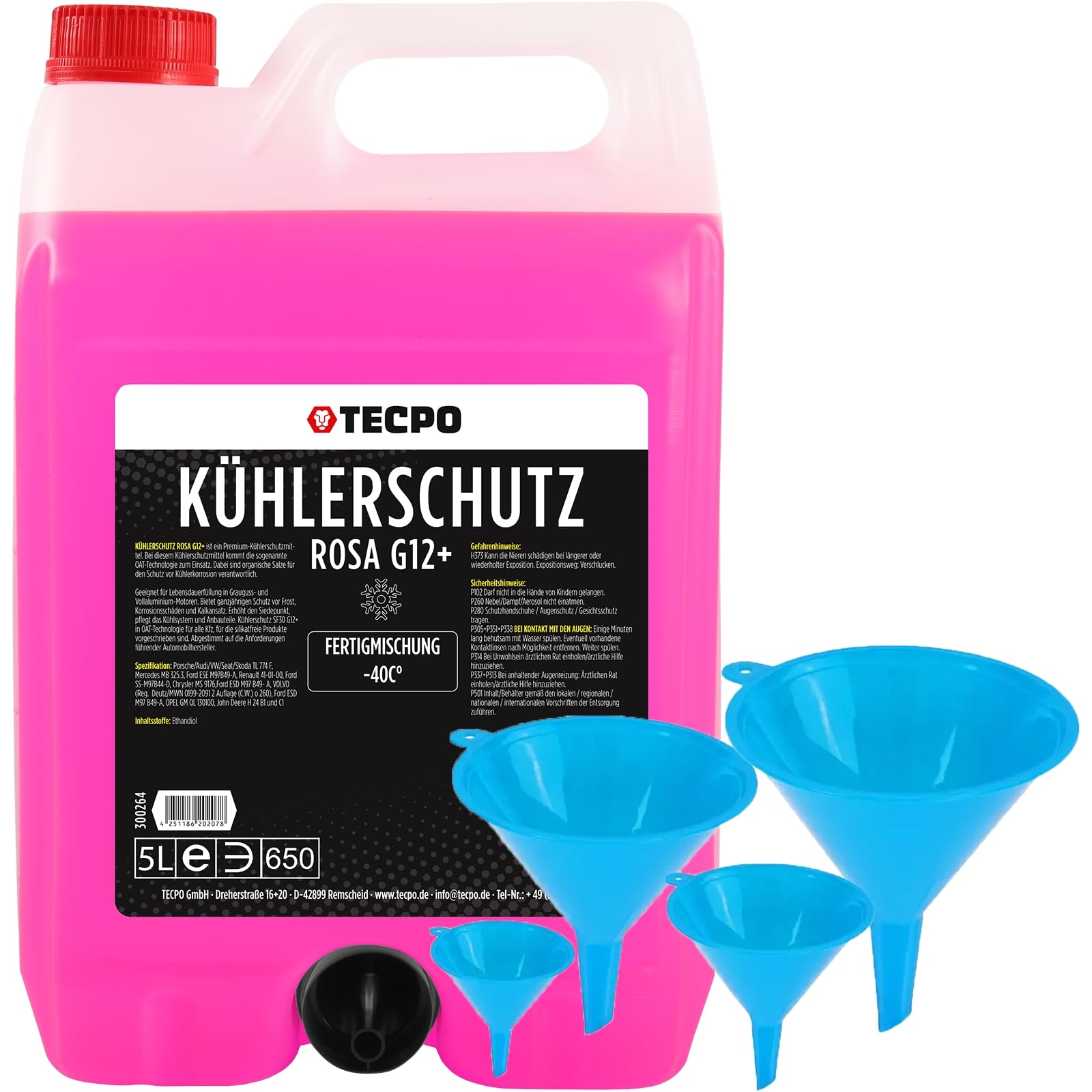 TECPO Kühlerfrostschutz, 5 Liter rosa G12+ bis -40°C Kühlmittel Frostschutz Schutzmittel + Trichterset Trichtersatz Trichter von TECPO