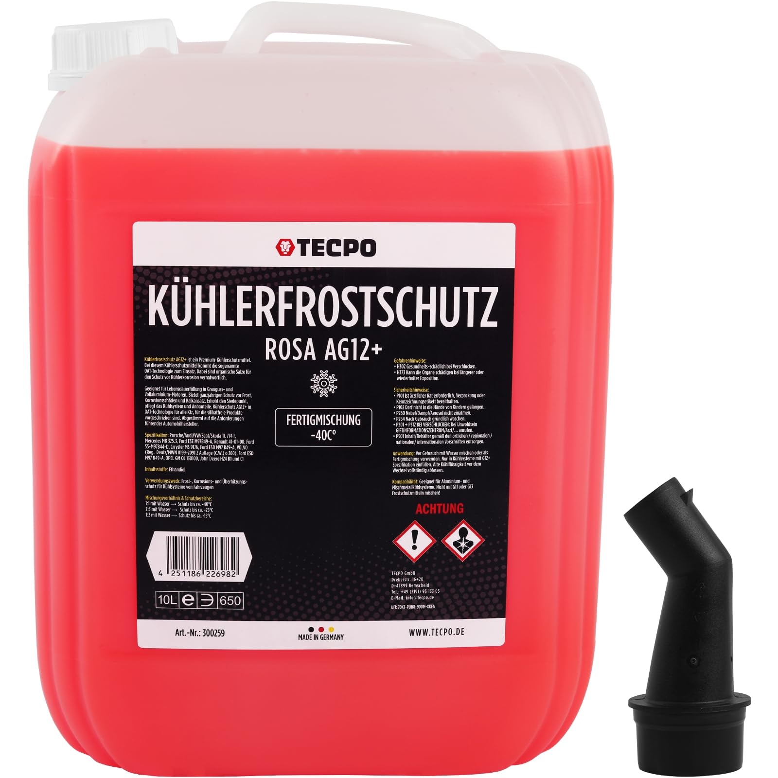 TECPO Kühlerfrostschutz rot rosa, 10 Liter Kühlmittel G12+ -40°C Antifreeze, G12 Kühlmittel Auto, Fertigmischung Gebrauchsfertig Kühlwasser Auto von TECPO