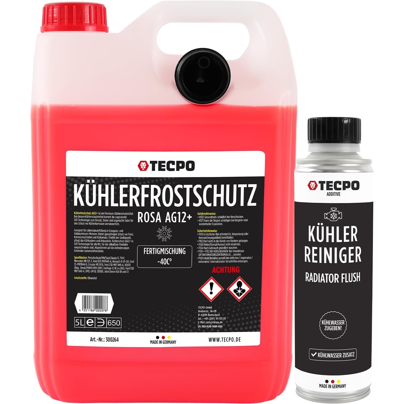 TECPO Kühlerfrostschutz rot rosa, 5 Liter Kühlmittel G12+ -40°C Antifreeze, G12 Kühlmittel Auto, Fertigmischung gebrauchsfertig Kühlwasser Auto + Kühlerreiniger, 300 ml Kühladditiv Kühlsystem Reiniger von TECPO