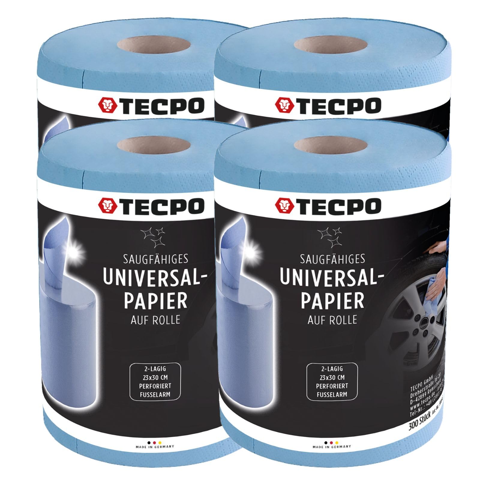 TECPO Papierrolle 1200 Blatt, 23x30cm, 2-lagig perforiert, recycelte Putztuchrolle blau, saugstarke Putzrolle -Geeignet für Industrie, Werkstatt, Restaurant und Gewerbe (4x300 Blatt) von TECPO