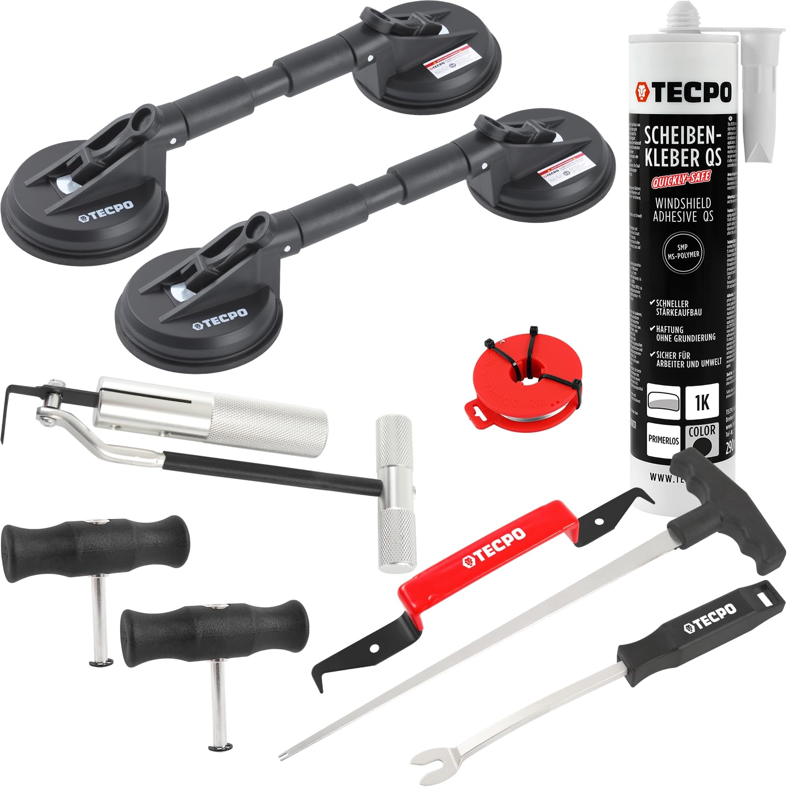 TECPO Scheibenausbauwerkzeug Set, Steinschlag Reparaturset Windschutzscheibe Autoglas Ausbau Werkzeug Satz mit Scheibenkleber, Gummi Doppelsauger Ø118mm, Schneidedraht, Lösewerkzeug, Hakenwerkzeug von TECPO