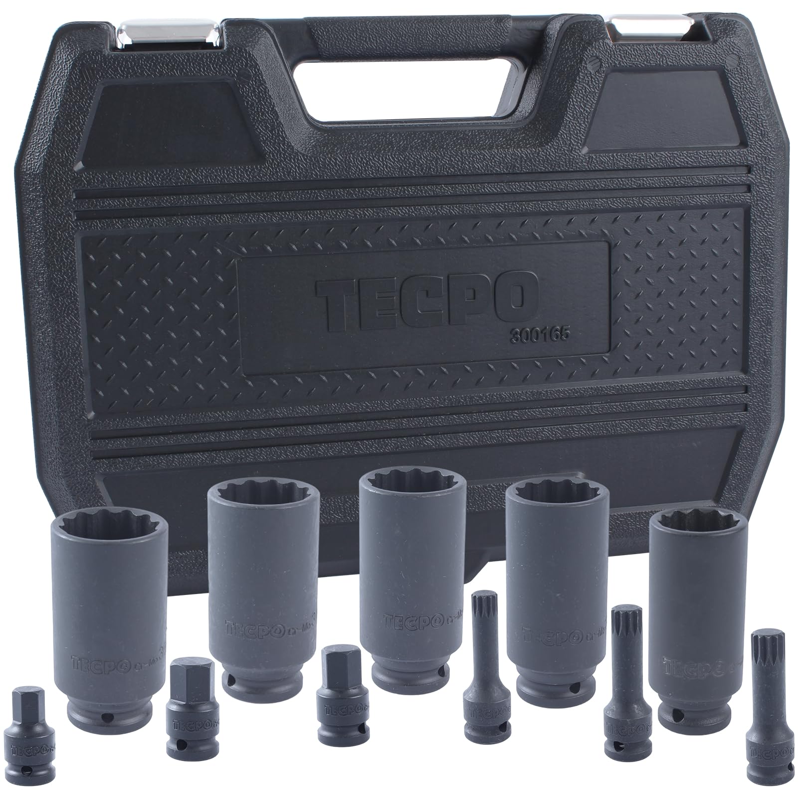 TECPO Kraft-Bit & Steckschlüssel-Set, XZN M14-M18, SW 27-36 mm, 1/2 Zoll Antrieb, Chrom-Molybdän-Stahl, Schlagfest & rostbeständig, Für Bremssättel, Traggelenke, Fahrwerk & Radlagerarbeiten von TECPO