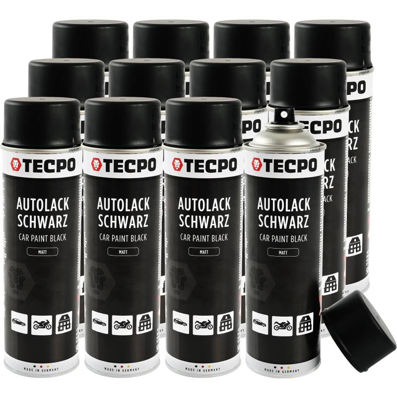 TECPO Sprühlack, 12x 500ml Mattschwarz Autolack für Karosserie und Felgen, schnelltrocknend Nitrolack von TECPO