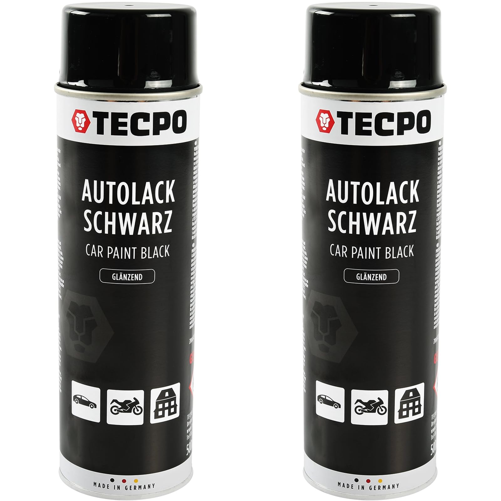 TECPO Sprühlack, 2X 500ml glänzend schwarz Autolack für Karosserie und Felgen, Glanz Farbspray schnelltrocknend Nitrolack von TECPO