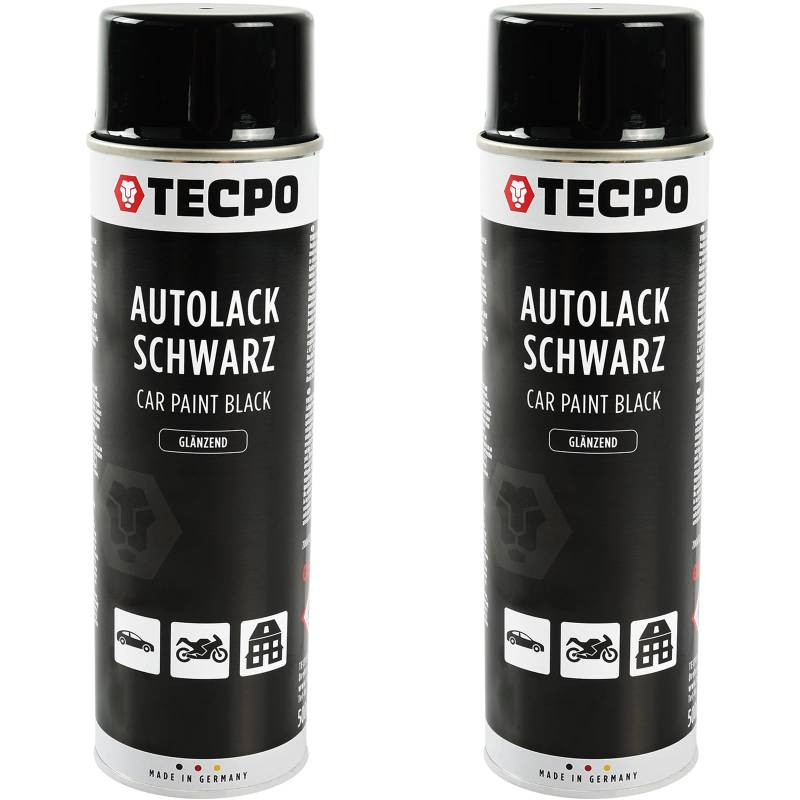 TECPO Sprühlack, 2X 500ml glänzend schwarz Autolack für Karosserie und Felgen, Glanz Farbspray schnelltrocknend Nitrolack von TECPO