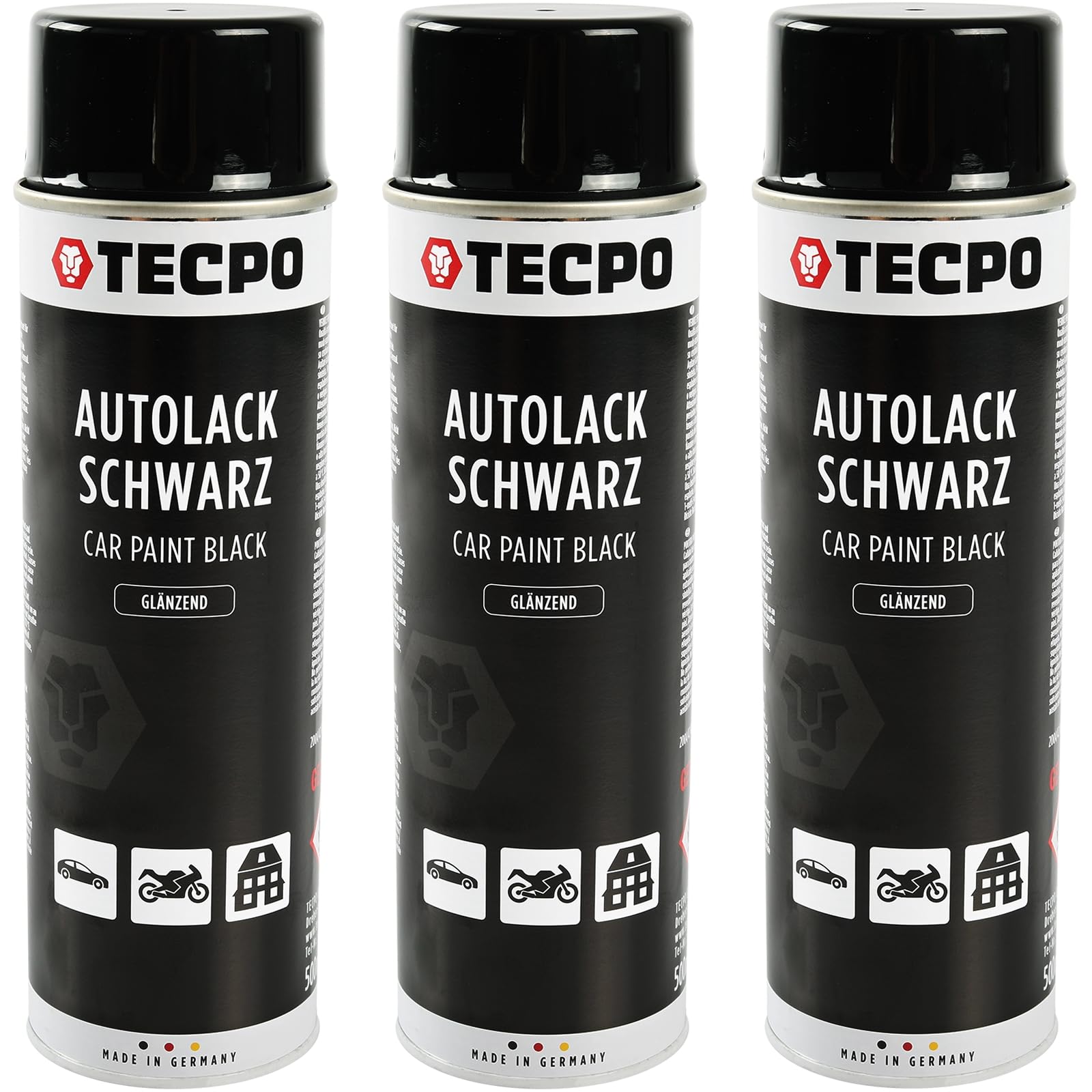 TECPO Sprühlack, 3X 500ml glänzend schwarz Autolack für Karosserie und Felgen, Glanz Farbspray schnelltrocknend Nitrolack von TECPO