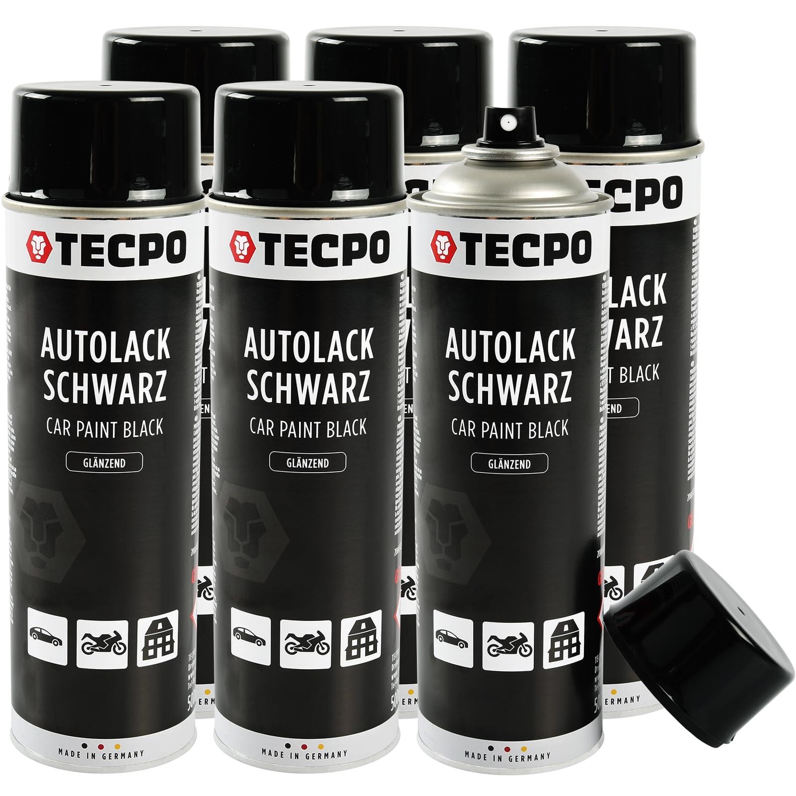 TECPO Sprühlack, 6X 500ml glänzend schwarz Autolack für Karosserie und Felgen, Glanz Farbspray schnelltrocknend Nitrolack von TECPO