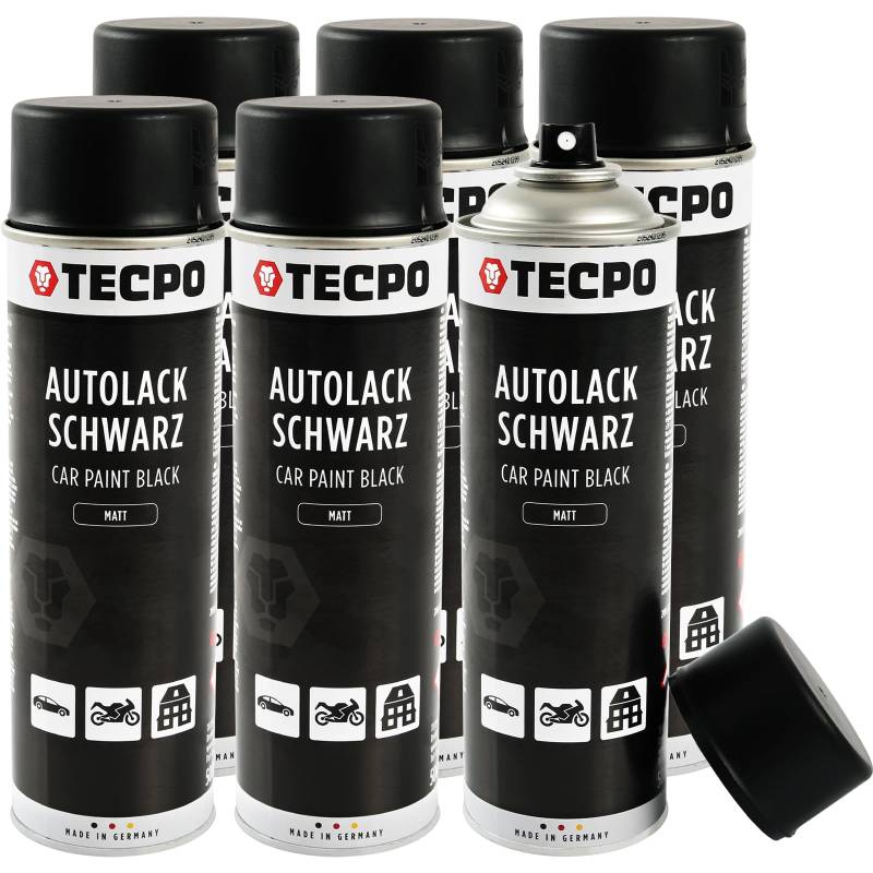 TECPO Sprühlack, 6X 500ml Mattschwarz Autolack für Karosserie und Felgen, schnelltrocknend Nitrolack von TECPO