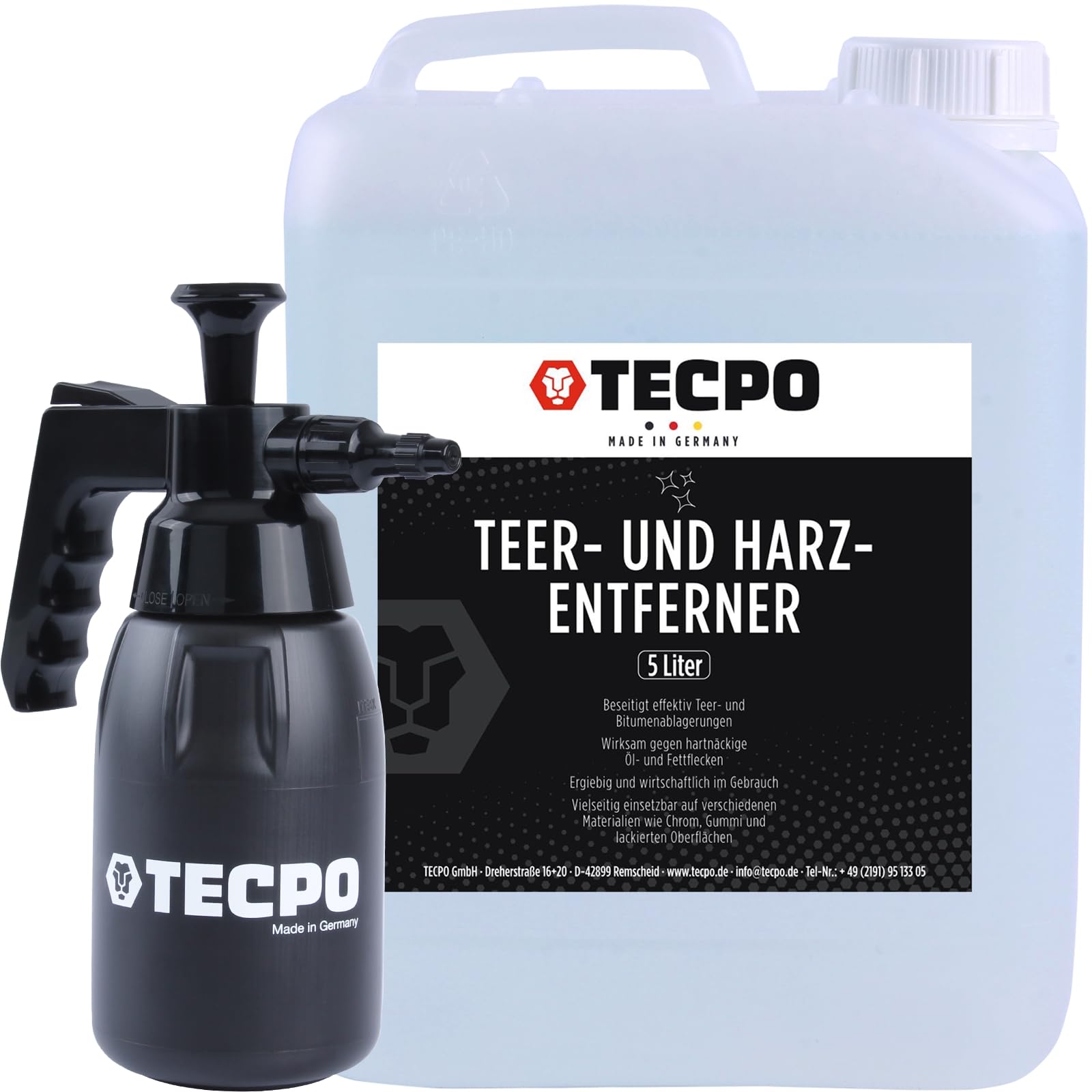 TECPO Teer- und Harzlöser, 5 Liter Klebstoff Teerentferner Bitumen-Löser Fettlöser Harz Kleber mit Sprühflasche, 1 Liter von TECPO