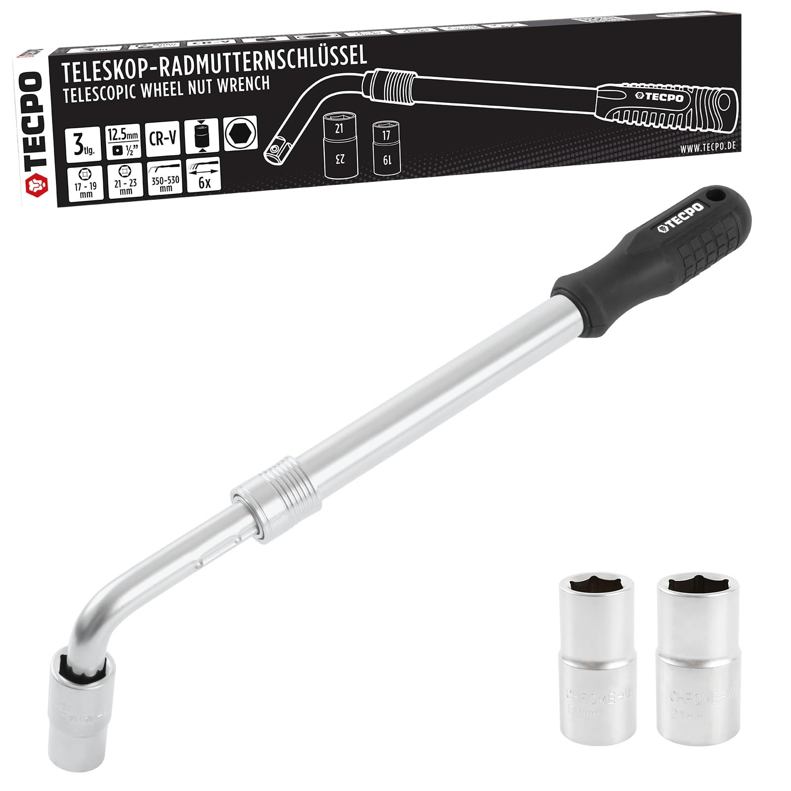 TECPO Teleskop Radmuttern Schlüssel Set mit Steckschlüssel-Einsatz 1/2" Zoll in 17/19mm und 21/23mm - bis zu 530mm ausziehbar, ergonomisch und Rutschfester Griff von TECPO