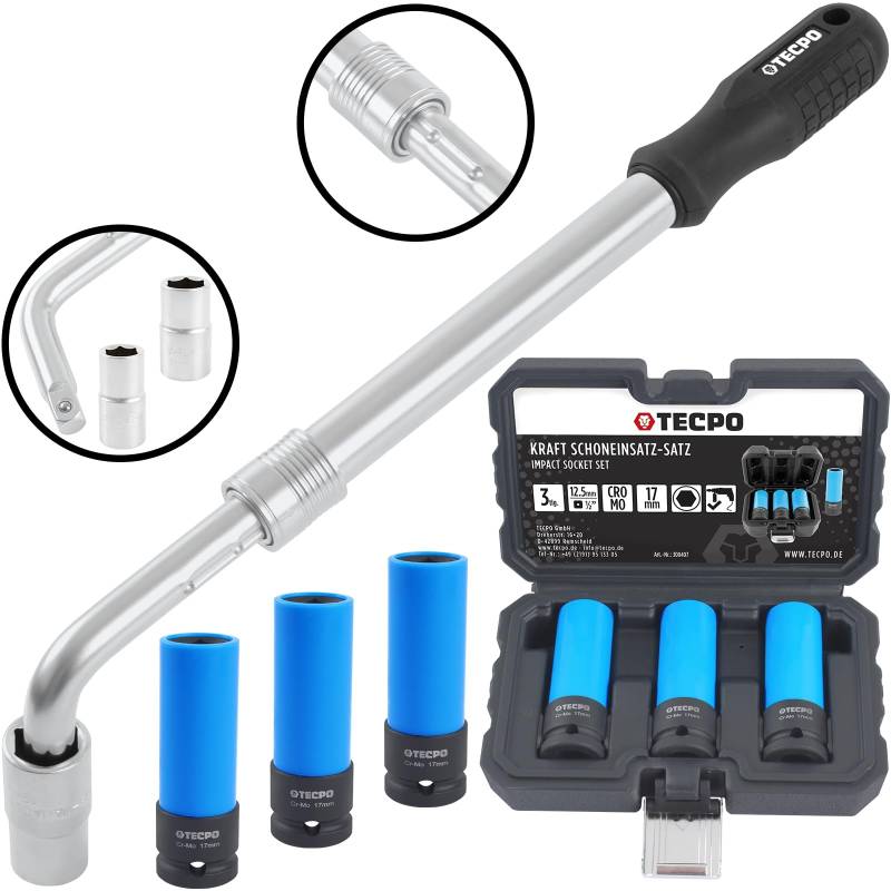 TECPO Teleskop Radmuttern Schlüssel Set mit Steckschlüssel-Einsatz 1/2" Zoll in 17/19mm und 21/23mm - mit 3X 17mm Schoneinsätze von TECPO