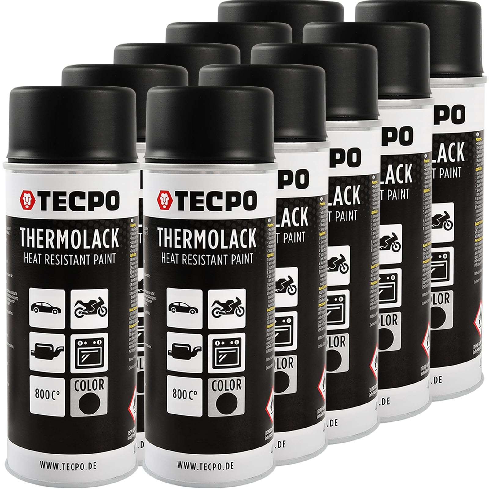 TECPO Thermolack Spray Dose, 10x 400ml Bremssattellack Ofenlack, Auspufflack, hitzefest Autolack, hitzebeständig schnell trocknend, schwarz matt, schützt vor Rost von TECPO