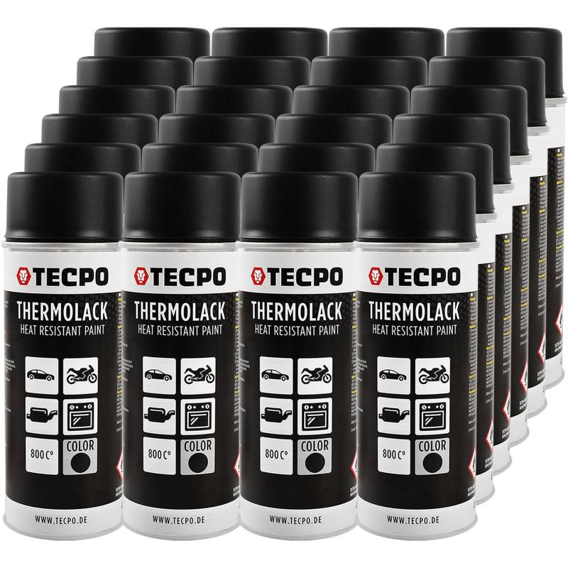 TECPO Thermolack Spray Dose, 24x 400ml Bremssattellack Ofenlack, Auspufflack, hitzefest Autolack, hitzebeständig schnell trocknend, schwarz matt, schützt vor Rost von TECPO