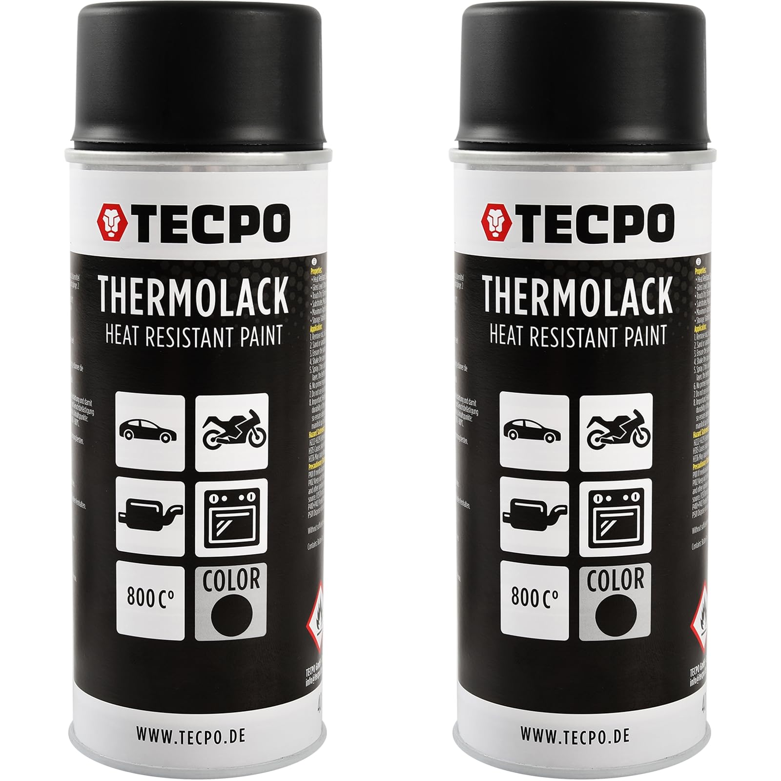 TECPO Thermolack Spray Dose 2X 400ml Auspufflack Autolack Ofenlack Bremssattellack hitzebeständig bis 800°C schnell trocknend Auto Lackspray Schwarz Matt schützt Motor und Auspuff vor Rost (2er-Pack) von TECPO