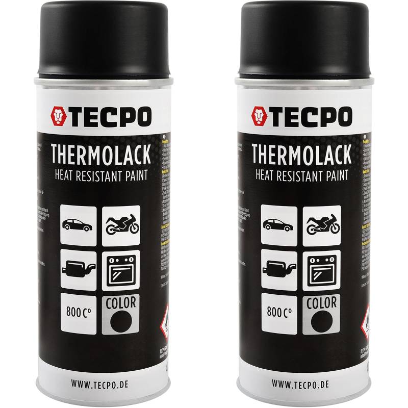 TECPO Thermolack Spray Dose, 2x 400ml Bremssattellack Ofenlack, Auspuffpack, hitzefest Autolack, hitzebeständig schnell trocknend, schwarz matt, für Ofenlack Auspuffpack Beschichtung, schützt vor Rost von TECPO