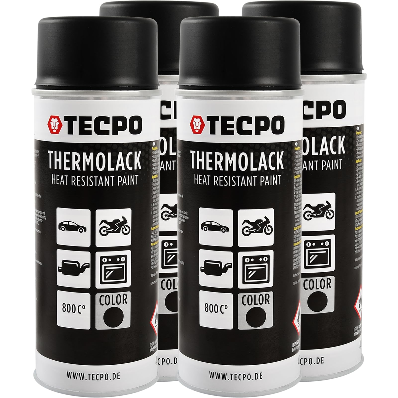 TECPO Thermolack Spray Dose 4X 400ml Auspufflack Autolack Ofenlack Bremssattellack hitzebeständig bis 800°C schnell trocknend Auto Lackspray Schwarz Matt schützt Motor und Auspuff vor Rost (4er-Pack) von TECPO