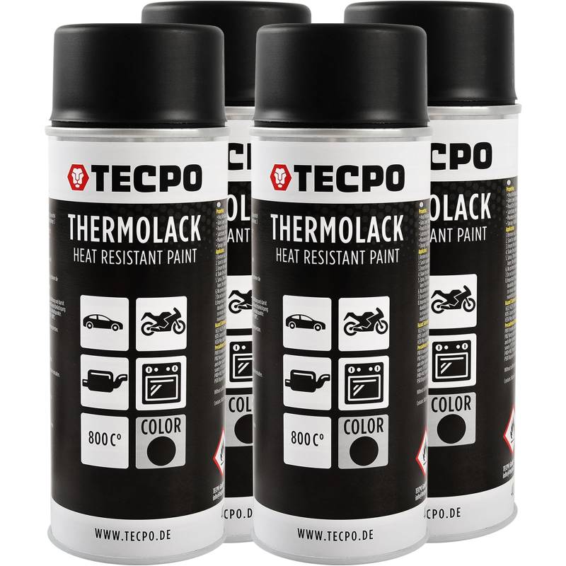 TECPO Thermolack Spray Dose, 4X 400ml Bremssattellack Ofenlack, Auspufflack, hitzefest Autolack, hitzebeständig schnell trocknend, schwarz matt, schützt vor Rost von TECPO