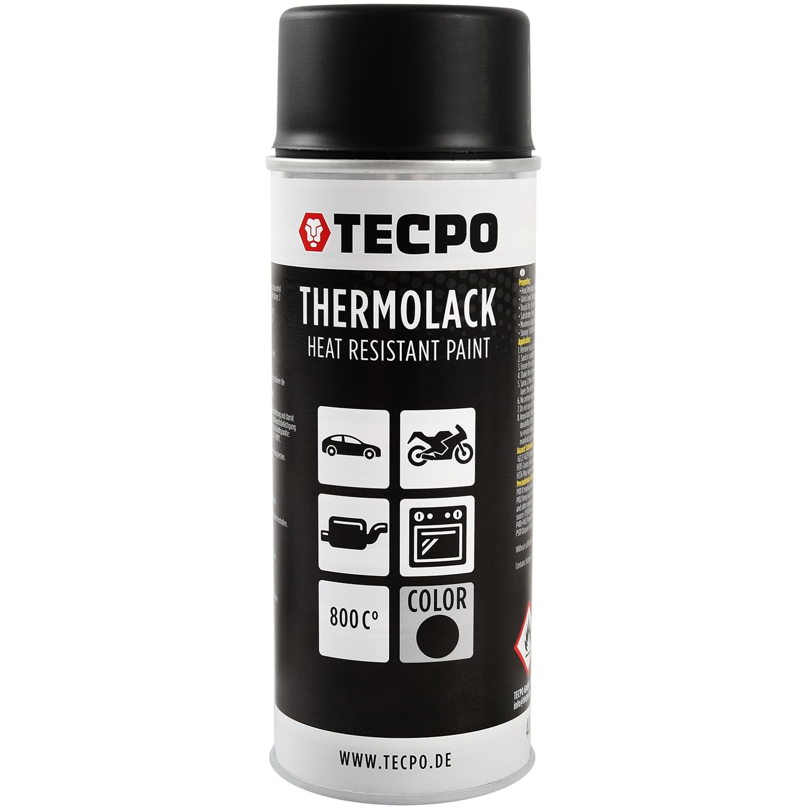 TECPO Thermolack Spray Dose, Bremssattellack Ofenlack, Auspuffpack, hitzefest Autolack, hitzebeständig schnell trocknend, schwarz matt, für Ofenlack Auspuffpack Beschichtung, schützt vor Rost von TECPO