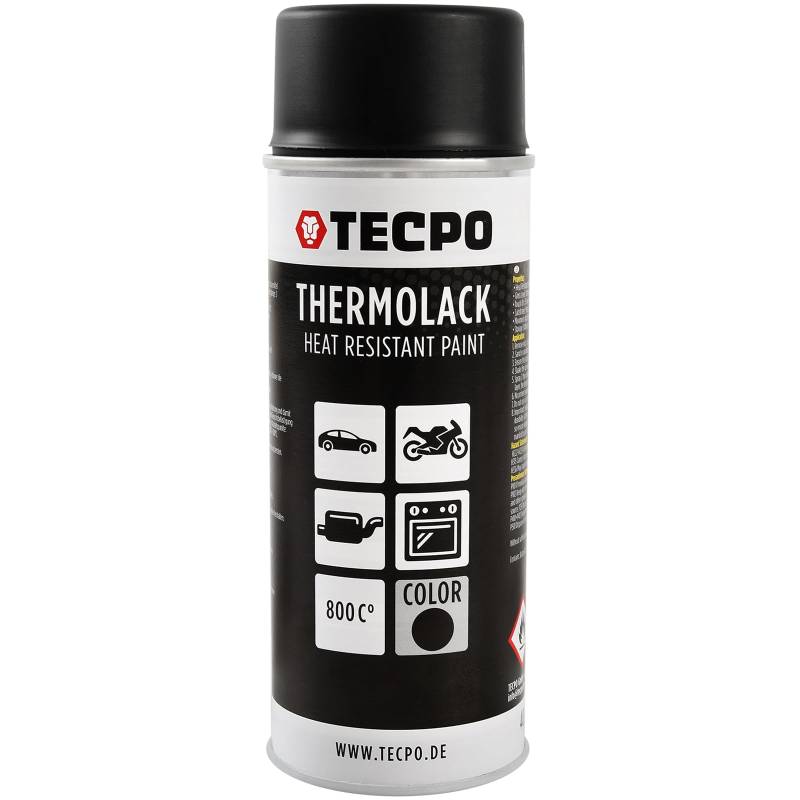 TECPO Thermolack Spray Dose, 1x 400ml Bremssattellack Ofenlack, Auspufflack, hitzefest Autolack, hitzebeständig schnell trocknend, schwarz matt, schützt vor Rost von TECPO