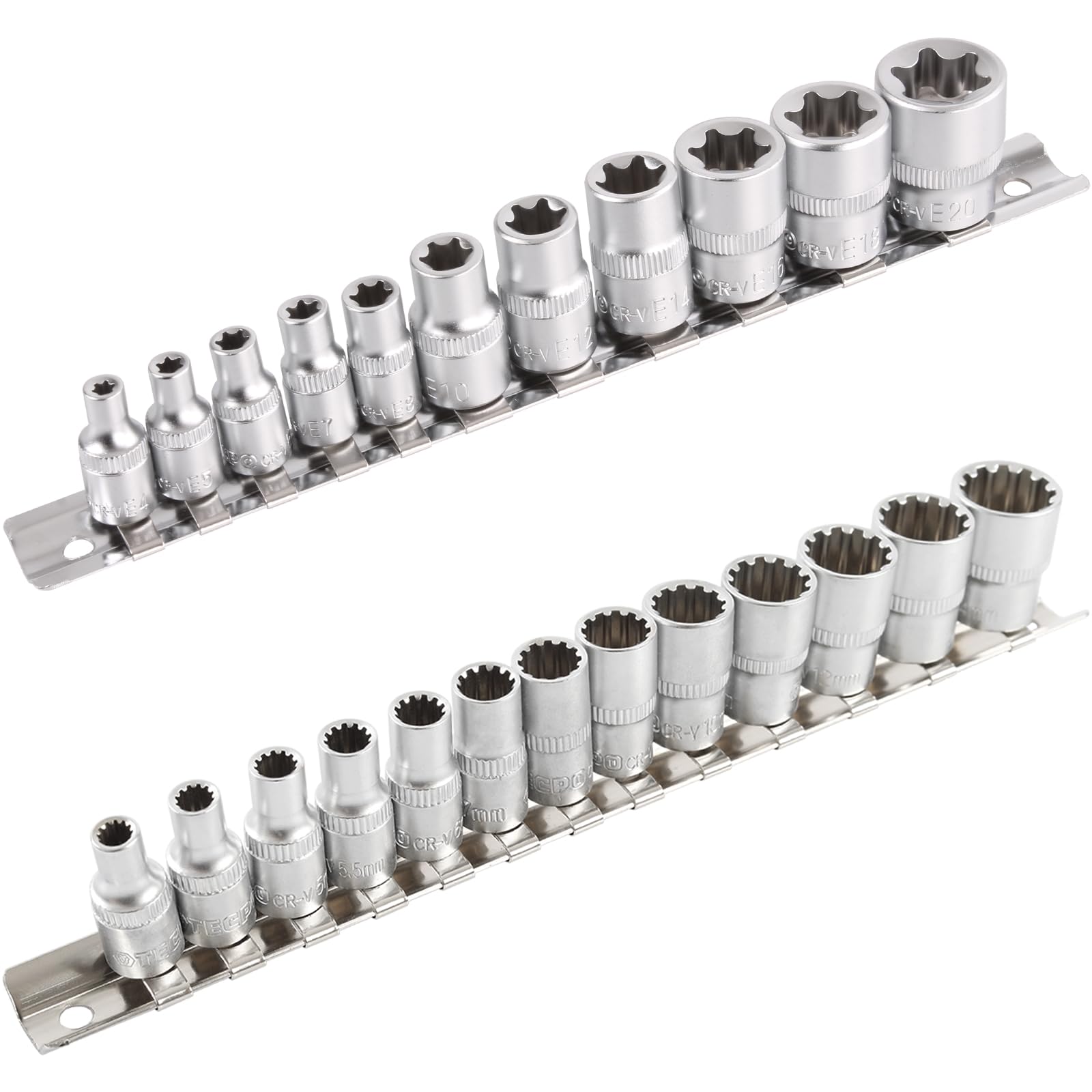 TECPO Vielzahn Steckschlüssel-Satz 1/4'' 13-tlg + Außen E-Profil Steckschlüssel-Satz 1/4" 3/8" 12-tlg, für Torx Schrauben, aus Chrom-Vanadium-Stahl, matt verchromt, mit Rändelung, universal einsetzbar von TECPO