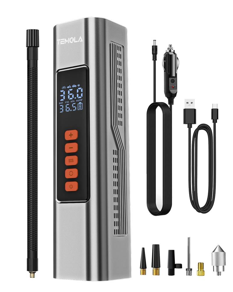 TEMOLA Elektrische Luftpumpe Akku, 150 PSI Akku Luftpumpe, Luftpumpe Elektrisch, Fahrradpumpe Elektrisch mit Digitalanzeige und Notbeleuchtung, Mini Kompressor für Auto Zubehör, Fahrrad, Motorräder von TEMOLA