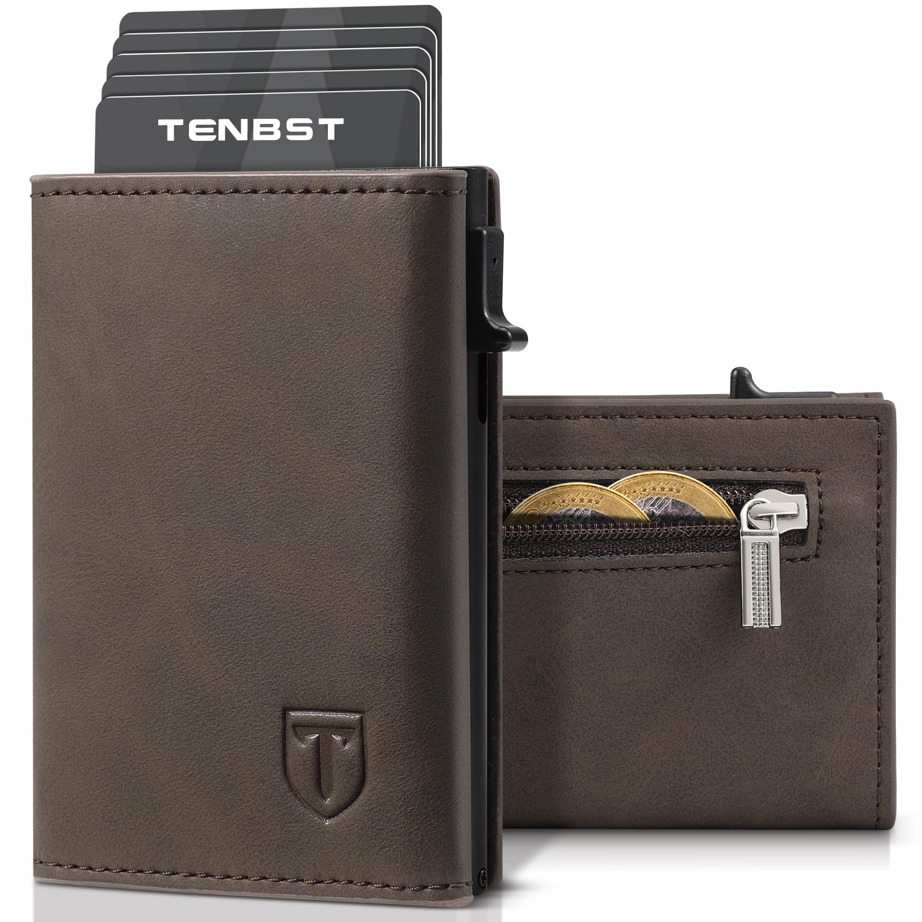 TENBST Geldbörse Herren, Kartenetui mit Münzfach & RFID-Schutz, Portmonee Herren, Magnetischer Slim Wallet, 8 Fächer für Kreditkarten, Leder Geldbeutel Braun, Inklusive Geschenkbox, Gifts for Men von TENBST