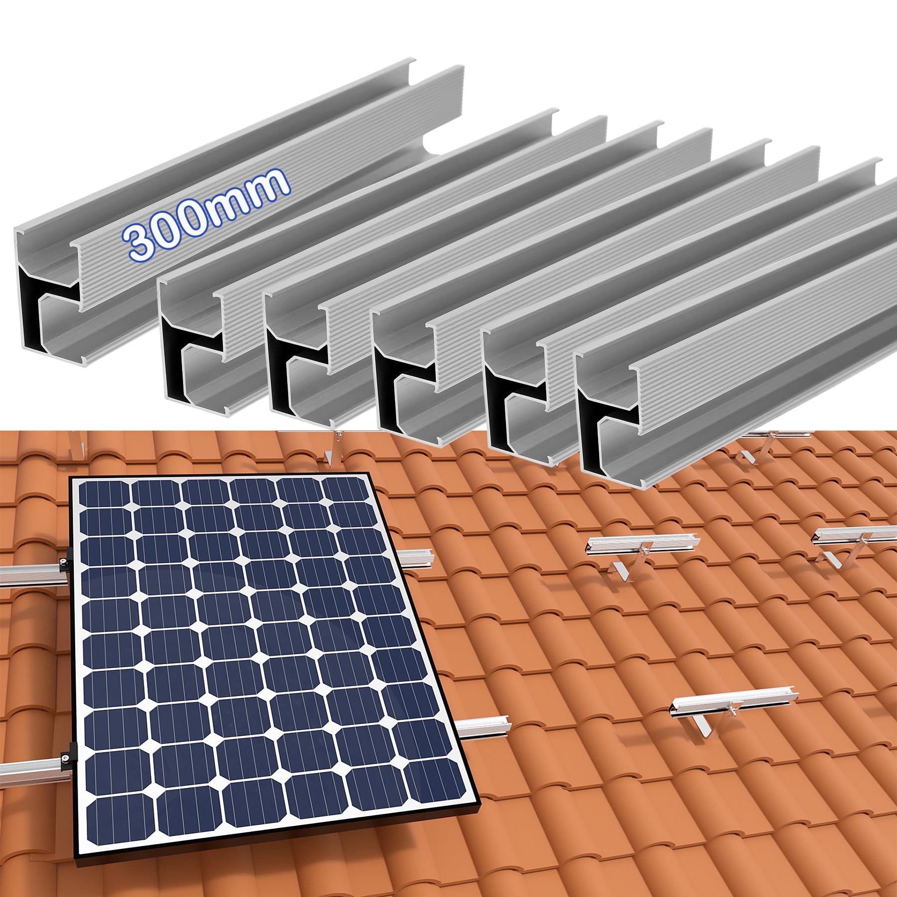 Photovoltaik montageschiene 300mm, Aluprofil Schiene Solar Ziegeldach/Blechdach/Bitumendach/Metalldach Montage Set 1 Module Befestigung Montageschiene PV-Anlage, Systemprofil für Solarpanel 6 Stück von TEOV