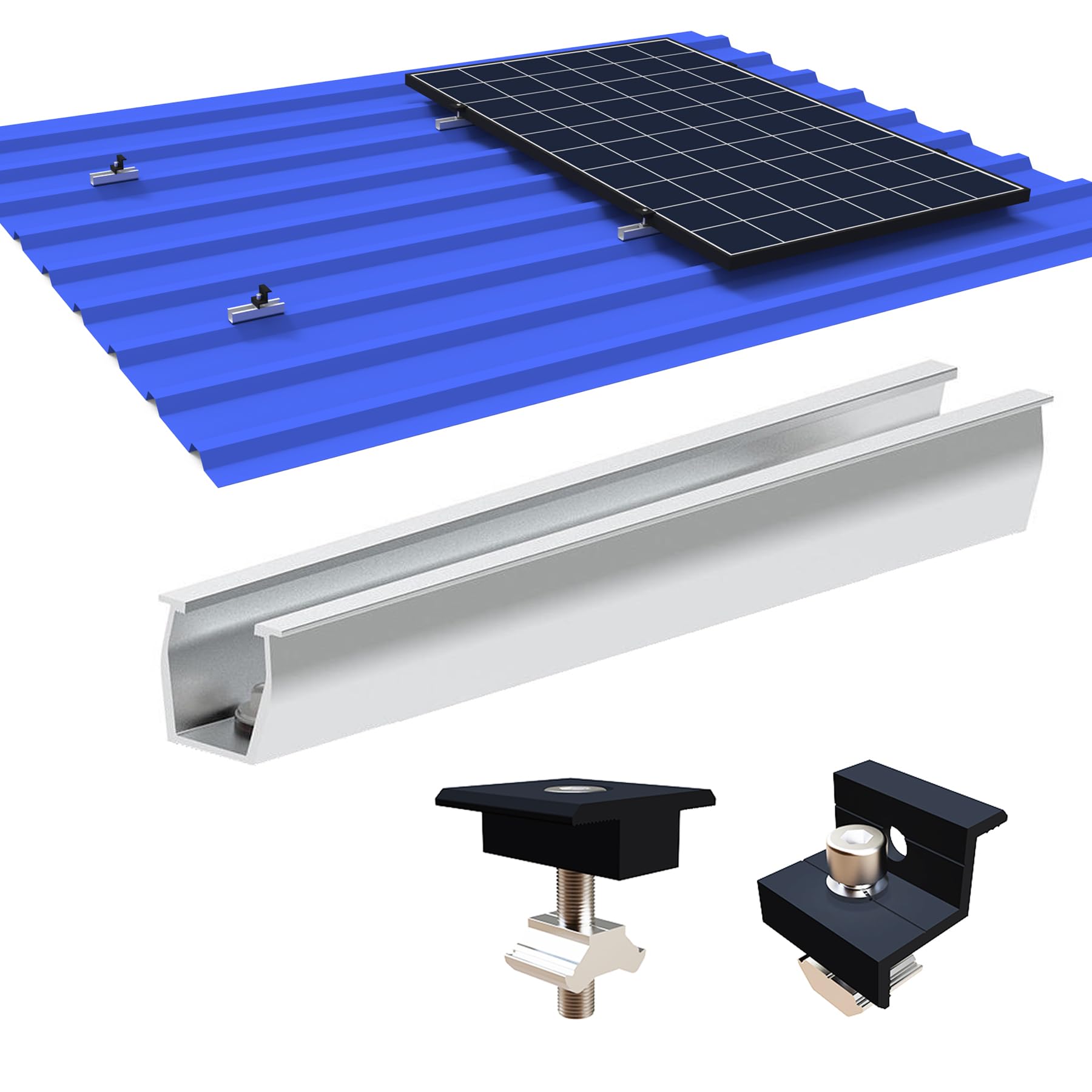 TEOV Solarmodul Alu Halterung, Montageschiene Solarmodule Panel Befestigungsschiene Trapezblech Dachhalterung, ALU Profil 20CM Schiene Mittelklemme Endklemme Schwarz 30-35MM Befestigungs-Set for 4 PV von TEOV