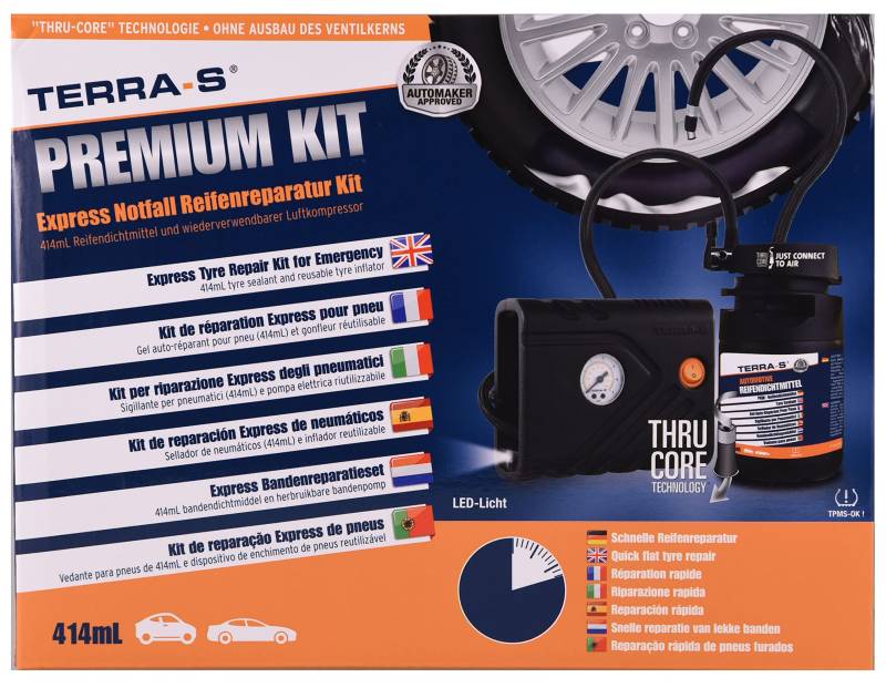 TERRA-S T56003 Premium Kit, Kombination aus Inflator und Reifendichtmittelflasche mit automatischem Dichtmitteleinsatz, für eine schnelle Notreparatur von TERRA-S