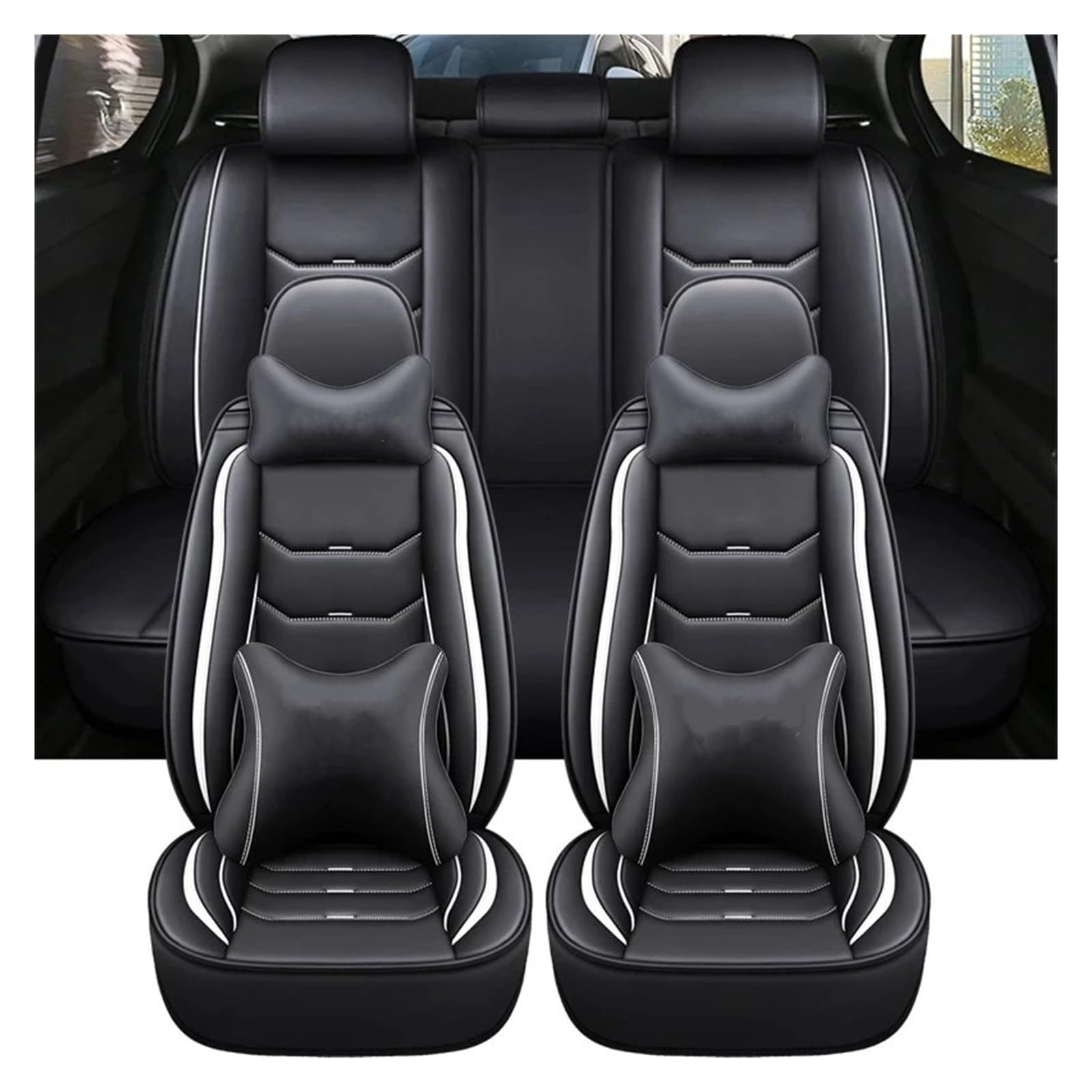 Auto-Schonbezüge Für Captur Für Logan Für Kadjar Für Trafic Für Scenic Armlehne Alle Modelle Universal Leder Auto Sitzbezug Sitzbezüge Auto(Black White Pillow) von TETARI