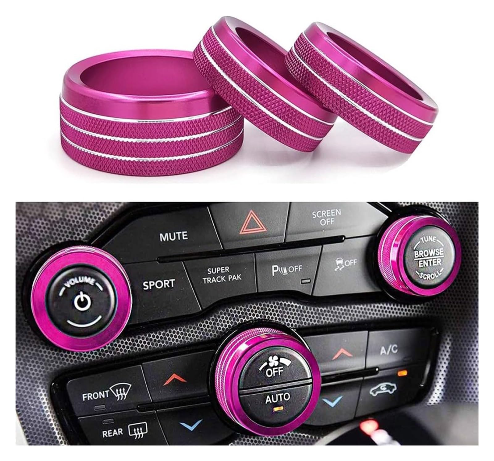 Innenraum Auto Zubehör Für Challenger 2015–2020, Auto-Innendekor-Zierringe-Set Klimaanlage Audio-Knopf Dekorativer Ring Aus Aluminiumlegierung Auto Innen Zubehör(Pink) von TETARI