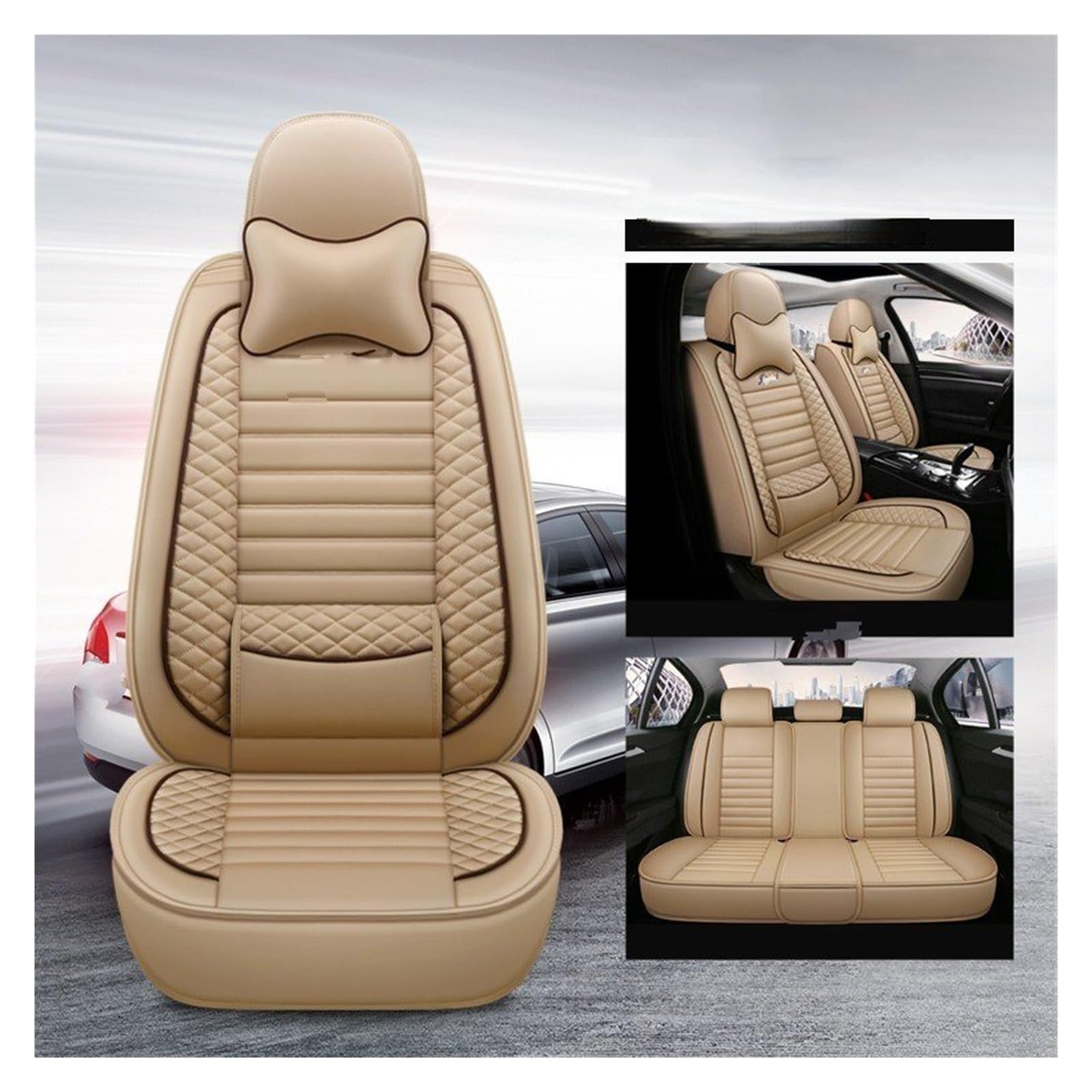 TETARI Auto-Schonbezüge Für Citroen C2 C3 C4 C5 C6 DS3 DS4 DS4 DS5 DS7 360° Full Surround Universal Auto Ledersitzbezug Sitzbezüge Auto(Beige with Pillow) von TETARI