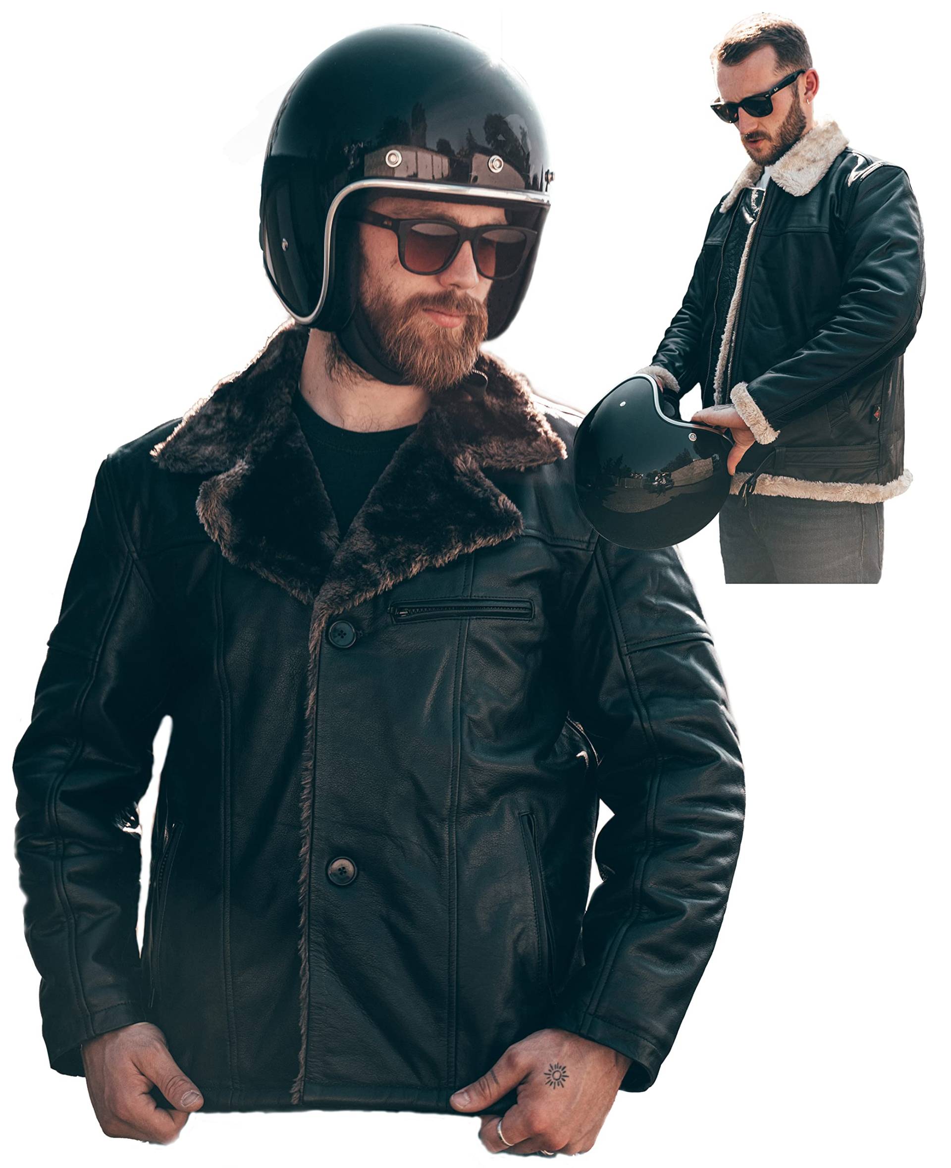 Texpeed Herren Lederjacke Echtleder - Echter Warmer Winter Pelzmantel – Schwarz Biker-Motorrad RAF Flieger Flug Bomber B3 Pilotenjacke Entwurf Braun Pelz - L von Texpeed