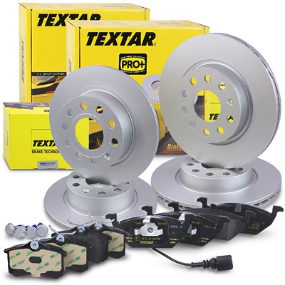 Textar Bremsscheiben +Bremsbeläge vorne+hinten für Audi, Seat, Skoda, VW von TEXTAR