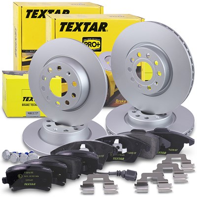 Textar Bremsscheiben +Bremsbeläge vorne+hinten für Audi, Seat, Skoda, VW von TEXTAR