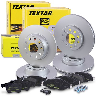 Textar Bremsscheiben +Bremsbeläge vorne+hinten für Audi, Cupra, Seat, Skoda, VW von TEXTAR