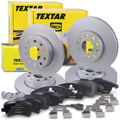 Textar Bremsscheiben +Bremsbeläge vorne+hinten für Audi, Seat, Skoda, VW von TEXTAR